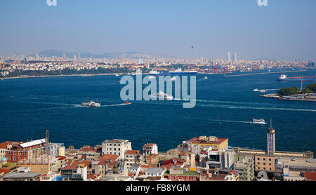 The crossroad of Bosphorus strait and Golden Horn in Istanbul. The view from Galata Tower, Turkey Stock Photo