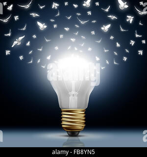 Creative start concept as a bright illuminated light bulb transforming to white flying birds as a digital messaging metaphor and social media creativity and distribution of innovative new ideas. Stock Photo