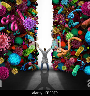 Medical success concept as a doctor or specialist physician opening a wall made of viruse bacteria and cancer disease cells as healthcare or health care symbol for medication treatmnt and cure or scientific breakthrough in medicine science. Stock Photo