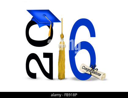 Blue graduation cap and gold tassel with diploma for class of 2016. Stock Photo