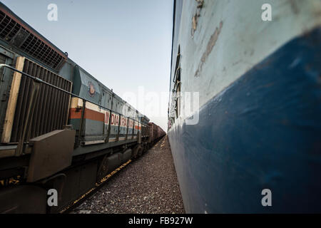 Trains idle at the station. Stock Photo