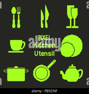 Vector icons set of kitchen utensil in pixel art style Stock Vector