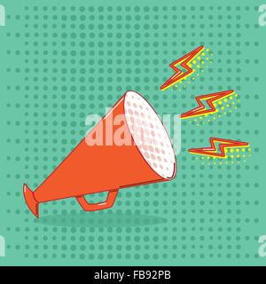 Megaphone with three lightnings on green background in pop art style  - Vector illustration Stock Vector