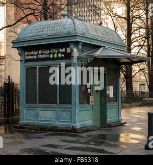 Brooklyn Bridge City Hall subway station wheelchair accessible elevator entrance at street level in New York City Stock Photo