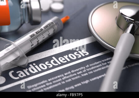 Diagnosis - Cardiosclerosis. Medical Concept with Blurred Text, Stethoscope, Pills and Syringe on Grey Background. Selective Foc Stock Photo