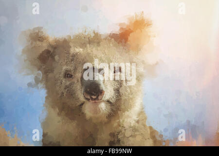 Artistic portrait of koala looking through stained dirty glass - artwork Stock Photo