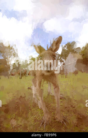 Kangaroo portrait looking through stained dirty glass - unique digital artwork Stock Photo