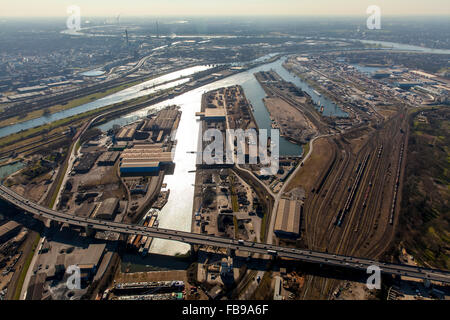 Aerial view, Duisport, Duisburg harbor with bridge Berlin, Duisburg, Ruhr, North Rhine Westphalia, Germany, Europe, Aerial view, Stock Photo