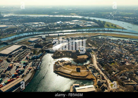 Aerial view, Duisport, Duisburg harbor with bridge Berlin, Duisburg, Ruhr, Nordrhein-Westfalen, Germany, Europe, Aerial view, Stock Photo