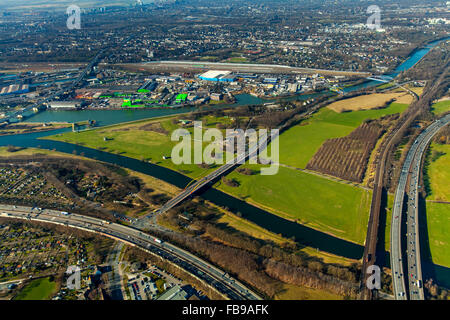 Aerial view, dysentery, Ruhrauen, Ruhr lowlands Obermeiderich, the confluence of the Ruhr and Rhine-Herne Canal, lock, Duisburg, Stock Photo