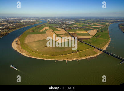 Aerial view, Rheinbogen at Mündelheim with Rhine crossing the B288, Rhine bridge B 288, Rhine, eyes, Duisburg, Ruhr area, Stock Photo