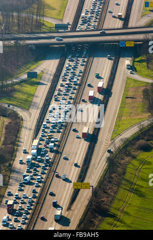 Aerial view, jam on the A40 bridge, before the Rhine bridge, closed to heavy traffic, Duisburg, Ruhr area, Stock Photo