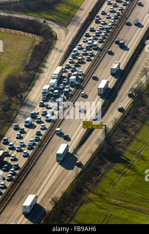 Aerial view, jam on the A40 bridge, before the Rhine bridge, closed to heavy traffic, Duisburg, Ruhr area, Stock Photo