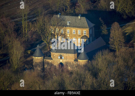 Aerial view, castle Vondern in late winter light, Oberhausen, Ruhr, Nordrhein-Westfalen, Germany, Europe, Aerial view, Stock Photo