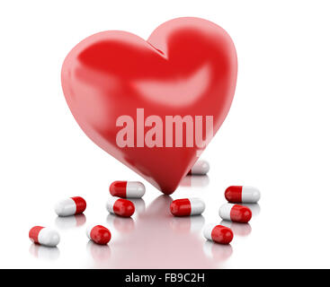 3d renderer illustration. Red heart with Pills. Valentine's day concept. Isolated white background Stock Photo