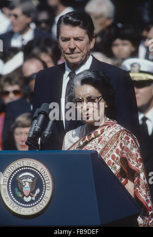 Washington, DC., USA, 29th July, 1982 President Ronald Reagan with India's Prime Minister Indira Gandhi during the official welcoming ceremony on the South Lawn of the White House.  Credit: Mark Reinstein Stock Photo