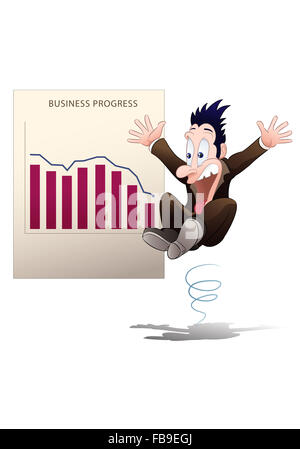 illustration of a surprised businessman in shirt shock watching down chart on isolated white background Stock Photo