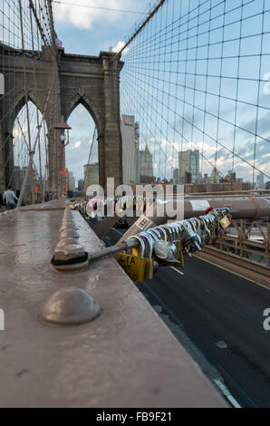 Love locks and padlocks that people have attached to Brooklyn Bridge in New York City Stock Photo