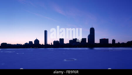 The Boston skyline at dawn in winter, seen from Cambridge Stock Photo