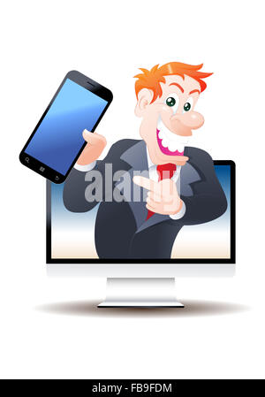 illustration of a salesman cartoon pop out from television offering smart phone on isolated white background Stock Photo
