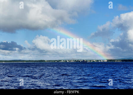 Rainbow over blue ocean in Mauritius, Africa Stock Photo