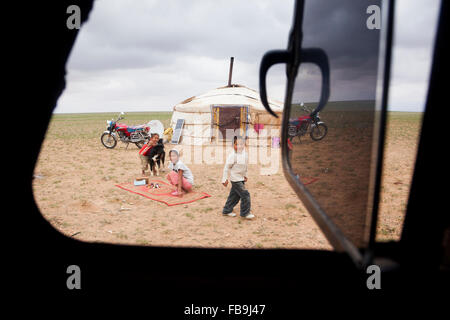 A nomad family camp in the Gobi Desert, Mongolia. Stock Photo