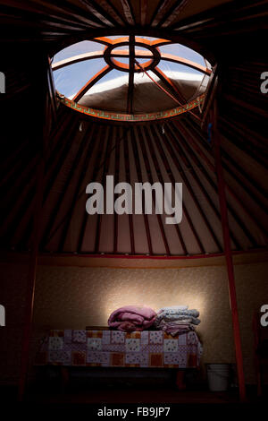 Inside a Mongolian ger (yurt) tent in Gorkhi Terelj National Park. Stock Photo
