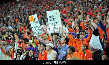 Glendale, AZ, USA. 11th Jan, 2016. Fans of Clemson during the 2016 College Football Playoff National Championship game between the Alabama Crimson Tide and the Clemson Tigers at University of Phoenix Stadium in Glendale, AZ. John Green/CSM/Alamy Live News Stock Photo