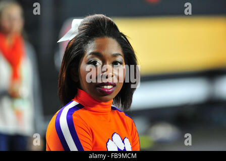 Glendale, AZ, USA. 11th Jan, 2016. Cheerleader of Clemson during the 2016 College Football Playoff National Championship game between the Alabama Crimson Tide and the Clemson Tigers at University of Phoenix Stadium in Glendale, AZ. John Green/CSM/Alamy Live News Stock Photo