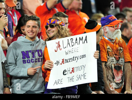 Glendale, AZ, USA. 11th Jan, 2016. Clemson fans during to the 2016 College Football Playoff National Championship game between the Alabama Crimson Tide and the Clemson Tigers at University of Phoenix Stadium in Glendale, AZ. John Green/CSM/Alamy Live News Stock Photo