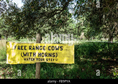 Sarasota Florida,Crowley Working Heritage Farm Museum & Nature Center,centre,sign,free range cows,visitors travel traveling tour tourist tourism landm Stock Photo