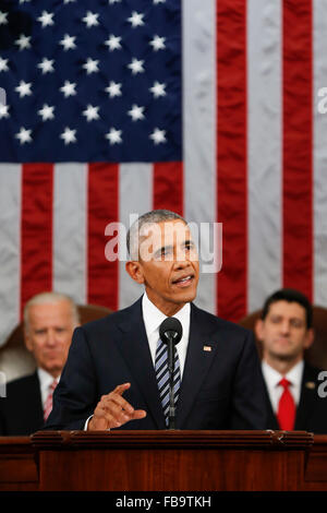 Washington DC, USA . 12th January, 2016. President Barack Obama delivers his State of the Union address before a joint session of Congress on Capitol Hill in Washington, Tuesday, Jan. 12, 2016. Credit: Evan Vucci/Pool via CNP - NO WIRE SERVICE - Credit:  dpa picture alliance/Alamy Live News Stock Photo
