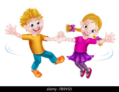 Two cartoon children, boy and girl, dancing Stock Photo