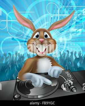 Cartoon Easter bunny DJ mixing at the the decks or turntables with dancing crowd at the party in the background Stock Photo