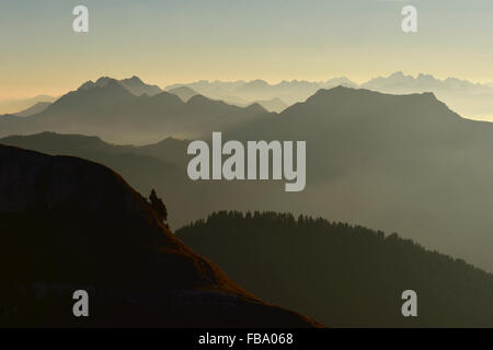 Just before sunrise over the Bernese Oberland, mountain silhouettes, ranges in early morning haze, Swiss Alps, Switzerland. Stock Photo