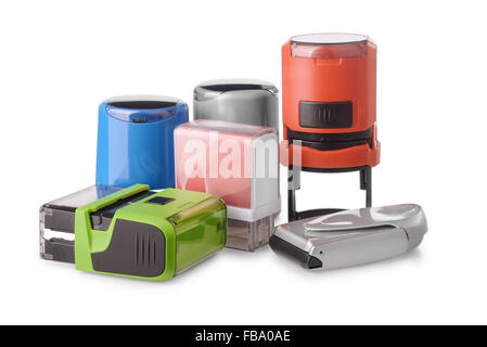 Group of self-inking stamps isolated on white Stock Photo