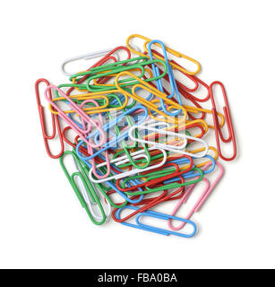 Top view of color paper clips isolated on white Stock Photo