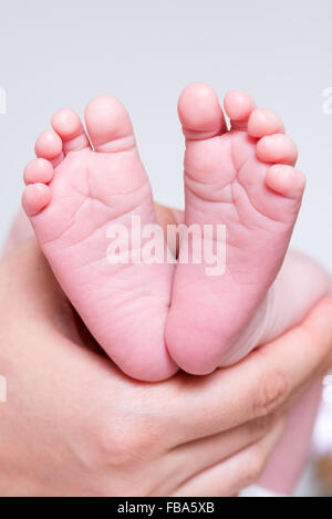 Close up of hand holding newborn baby's feet Stock Photo