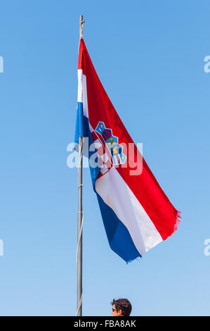 The Croatian national flag on the old walls of Dubrovnik, Croatia, Dalmatia,Europe Stock Photo