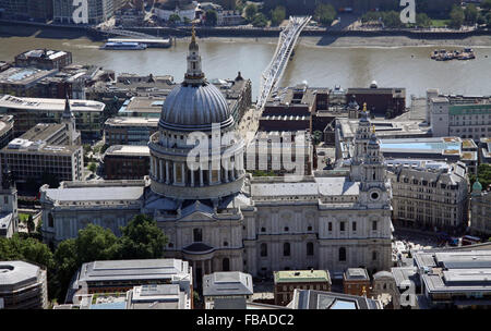 aerial view of St Paul's Cathedral looking south towards the River Thames, London, UK