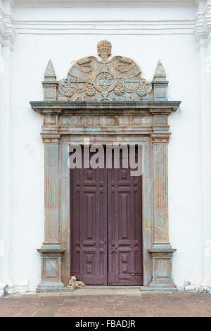 A dog rests at the entrance to the Se Cathedral in Old Goa (Velha Goa), Goa, India Stock Photo