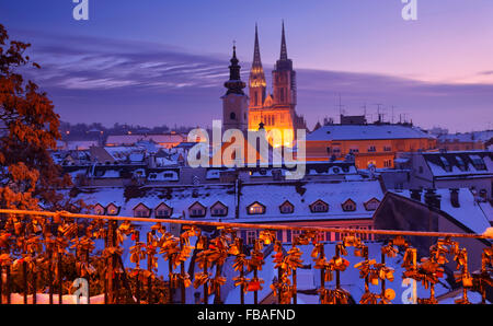 Panoramic view of Zagreb. Illuminated Cathedral. Stock Photo