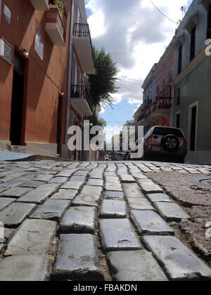 Small cobblestone street in Old San Juan, Puerto Rico. Stock Photo