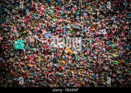 The Market Theater Gum Wall in downtown.  It is a local landmark in downtown Seattle, in Post Alley under Pike Place Market. Stock Photo