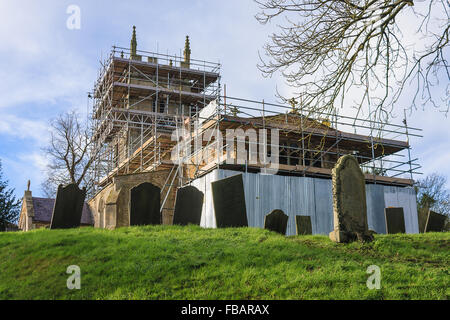 Freeby, Leicestershire, UK., 13th Jan 2016. A medieval church in the county of Leicestershire in the UK is undergoing urgent repairs due to serious deterioration of the years. It is feared that without this restoration work, St Mary's church in the village of Freeby near Melton Mowbray could face closure or demolition. St Mary's has not been used for regular worship for over ten years due to its poor condition, instead services have been held at the small chapel over the road from the church. Work began on the church just after Easter in 2015 and should be complete this year (2016) Stock Photo