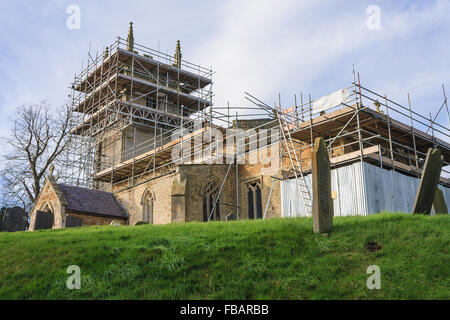 Freeby, Leicestershire, UK., 13th Jan 2016. A medieval church in the county of Leicestershire in the UK is undergoing urgent repairs due to serious deterioration of the years. It is feared that without this restoration work, St Mary's church in the village of Freeby near Melton Mowbray could face closure or demolition. St Mary's has not been used for regular worship for over ten years due to its poor condition, instead services have been held at the small chapel over the road from the church. Work began on the church just after Easter in 2015 and should be complete this year (2016) Stock Photo