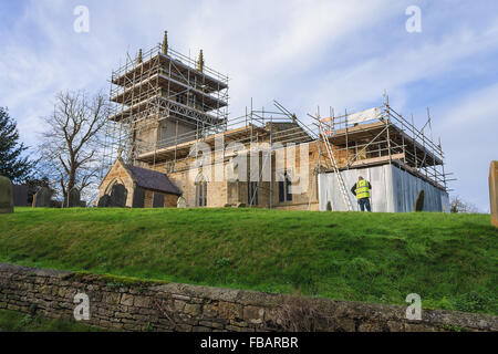 Freeby, Leicestershire, UK., 13th Jan 2016. A medieval church in the county of Leicestershire in the UK is undergoing urgent repairs due to serious deterioration of the years. It is feared that without this restoration work, St Mary's church in the village of Freeby near Melton Mowbray could face closure or demolition. St Mary's has not been used for regular worship for over ten years due to its poor condition, instead services have been held at the small chapel over the road from the church. Work began on the church just after Easter in 2015 and should be complete this year (2016) Stock Photo