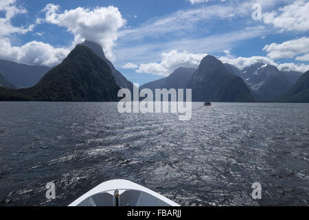 Cruising through Milford Sound, New Zealand Stock Photo