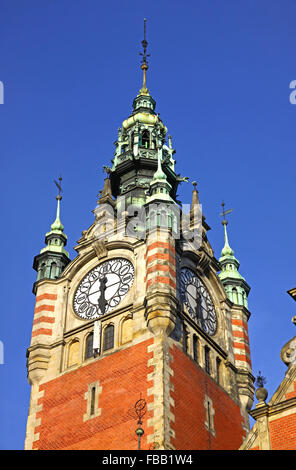 Clock Tower of historic building of the Railway station in Gdansk, Poland Stock Photo