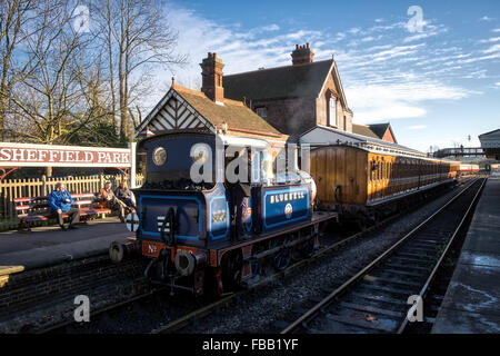 Bluebell Steam Train arriving at Sheffield Park Station Stock Photo